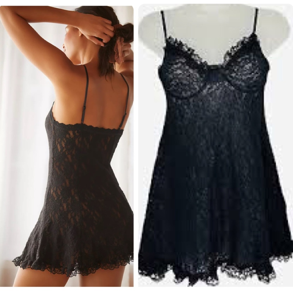 Vintage Babydoll Slip Dress Black Floral Lace Silk Whimsy Goth Pinup Ribbon Bow